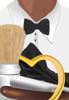 Barber holding shaving brush and straight razor getting ready for customer vector