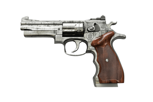 High-quality image of a metal revolver with a wooden grip, showcasing details of the handgun for use in various visual projects. png
