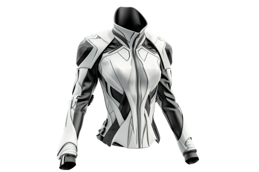 Futuristic white and black jacket with intricate design. Modern fashion concept. Isolated on a transparent background. png