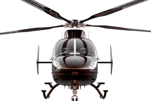 Front view of a sleek black helicopter isolated on a transparent background. showcasing its rotors and modern design, ready for flight. png