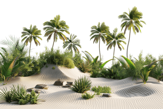 A serene tropical landscape with lush palm trees and desert sand dunes, providing a tranquil and natural scenery perfect for relaxation. png