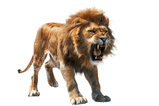 A majestic lion roaring with a powerful stance, showcasing its mane and strength in a dramatic, close-up wildlife shot. png