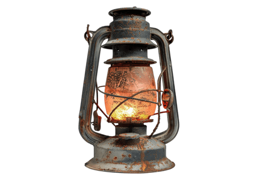An old rusty lantern with a glowing flame inside. png