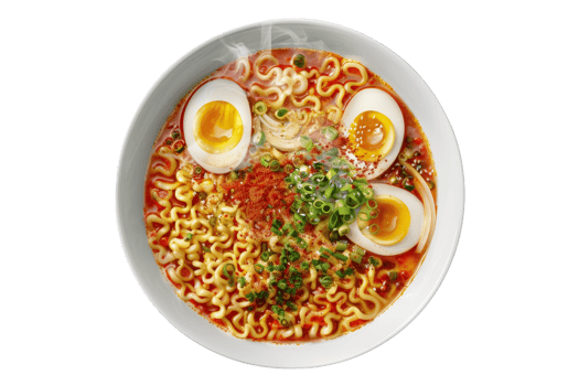 Delicious steaming bowl of spicy ramen noodles topped with soft-boiled eggs, green onions, and seaweed for a flavorful meal. png
