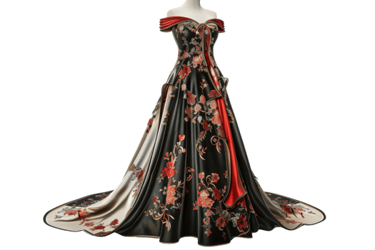 Elegant off-shoulder evening gown with floral embroidery, flowing fabric, perfect for formal events and special occasions. png