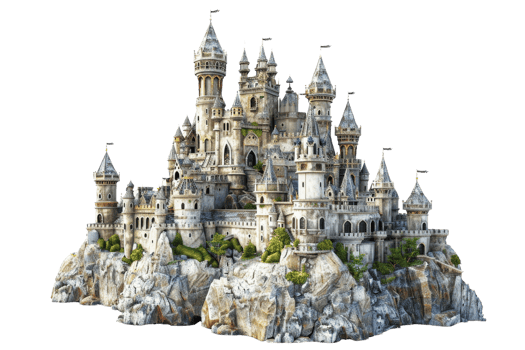 Enchanting medieval castle perched on rocky landscape, featuring turrets and towers, isolated on transparent background. png