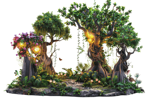 Enchanted forest scene featuring luminous trees, vibrant flowers, and rich greenery. Perfect for fantasy settings and magical environments. png