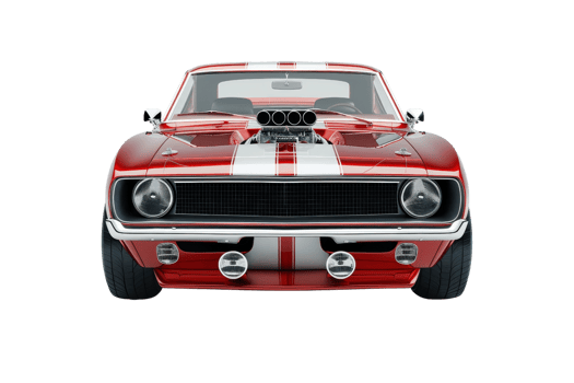Front view of a red classic muscle car with white racing stripes, powerful engine, and chrome details, isolated on transparent background. png