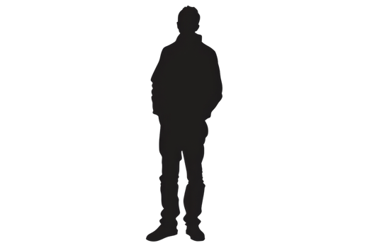 black silhouette of a person standing with their hands at their sides. The person is wearing a long-sleeved shirt and pants. The background is white. png