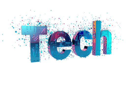 The word TECH in a colorful gradient, with a blue background. png