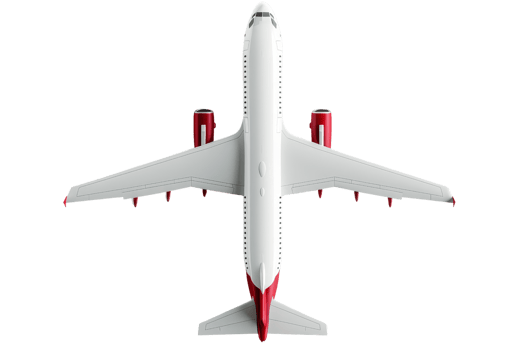Top view of a commercial airplane in flight. Image captures the aircraft's detailed design and aerodynamics against a transparent background. png