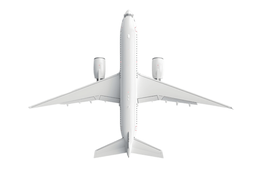 Top view of a modern white airplane on a transparent background. highlighting aviation, travel, and transportation. png