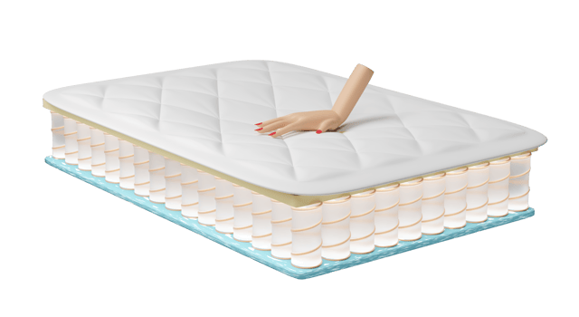 Hand pressed on soft bed with layered sheet material mattress, air fabric, pocket springs, natural latex isolated. 3d render illustration png