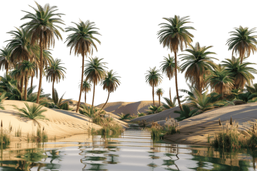 Idyllic desert oasis with lush palm trees, calm water, and sandy banks reflecting the serene beauty of untouched nature. png