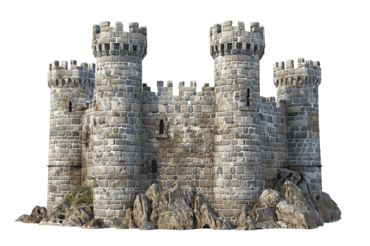 Medieval stone castle with multiple watchtowers, isolated on a transparent background. Ideal for historical, architectural, and fantasy themes. png