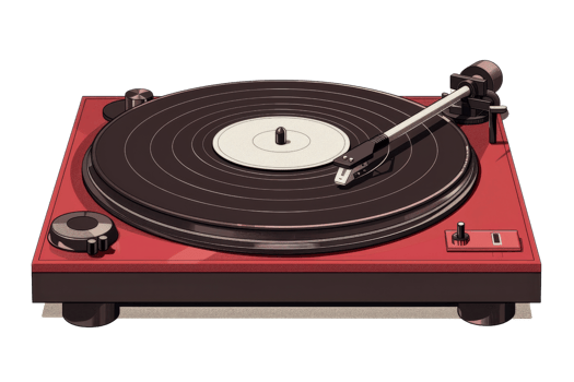 red turntable with a black record on it. The turntable is sitting on transparent background. png