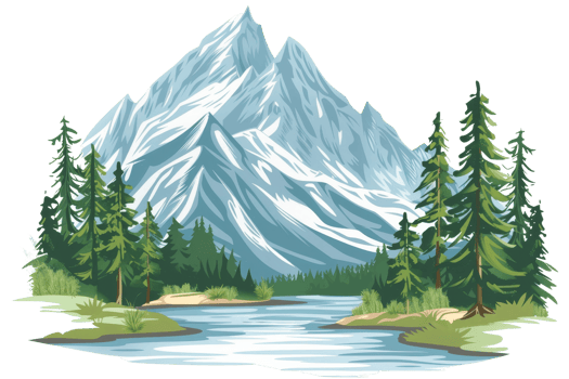 beautiful landscape painting of a mountain and river. The mountain is covered in snow. The river is flowing through the valley. The trees are green. The sky is blue. png
