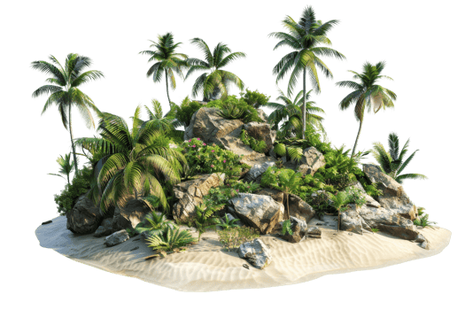 Tropical island paradise with palm trees, lush foliage, and sandy beach, perfect for vacation, nature, and travel backgrounds. png