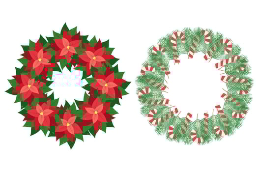 Poinsettia wreath and Pine twigs with Candy Cane and snowflakes Circle Frames in Christmas shades Copy space. Isolated illustration Cards, poster, leaflet, banner, greeting or web, social media vector