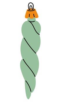A Soviet Christmas tree toy. A green elongated icicle drop with twisted stripes, a glass toy. Cute illustration in vintage colors. Festive decor items for New Year and Christmas that can be hung vector