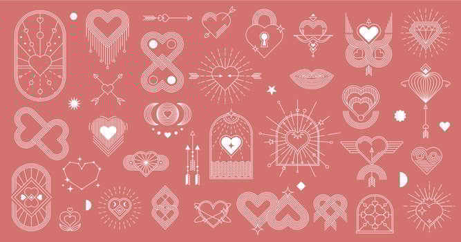 Boho Valentine symbols of hearts, rainbows, stars vector
