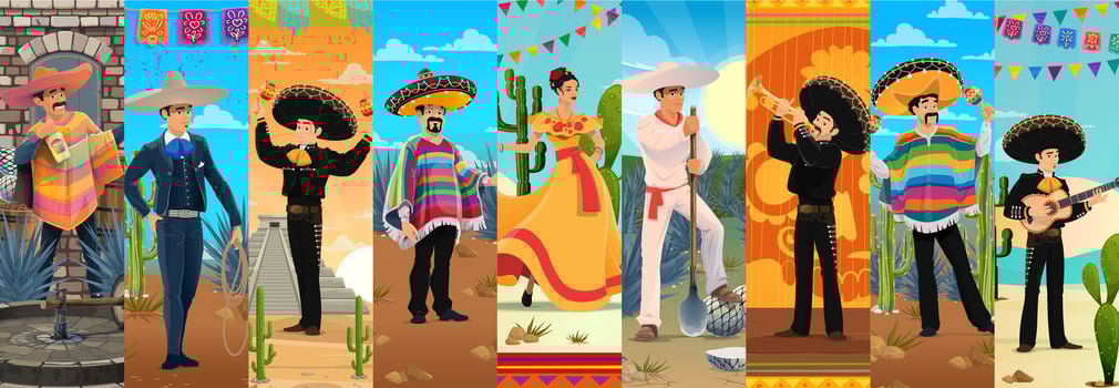 Cartoon Mexican characters collage with mariachi vector