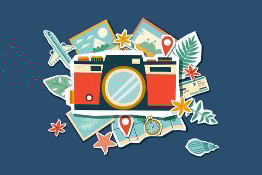 Old vintage photo camera with photos and travel object around. Travel concept. Summer concept. Flat illustration. vector