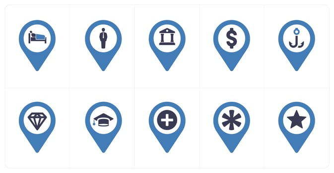 A set of 10 Location Pointer icons as rest house, human, bank vector