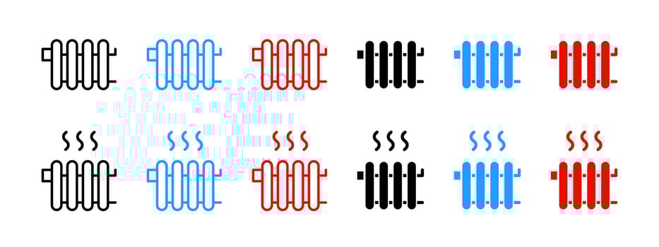 Heating radiator icon set. Home heater symbol. Cold and hot temperature control system. Gas wall panel central heating illustration. Warm room sign. Red and blue wall radiator with steam waves. vector