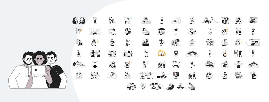 Diverse people lifestyle outline illustrations mega bundle. Zodiac signs. Newborn care. Fitness yoga. Natural disaster. Relax 2D linear images isolated. Collection black and white drawings vector