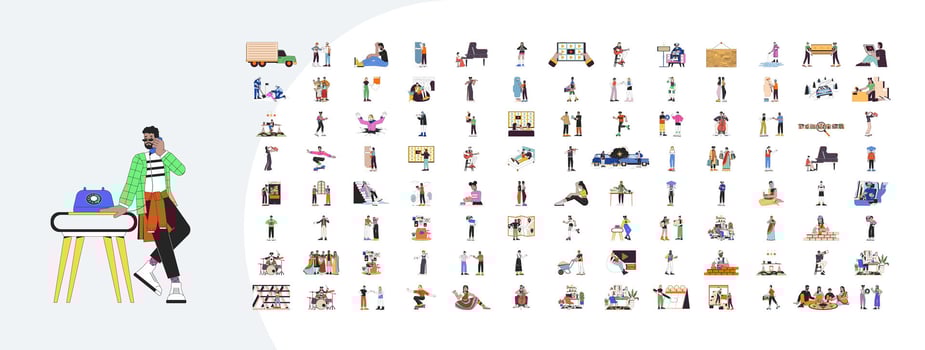 Everyday moments cartoon flat illustrations mega bundle. Moving house construction. Streaming tv. Hindu deepawali. Winter hazards 2D images isolated on white. Collection drawings colorful vector