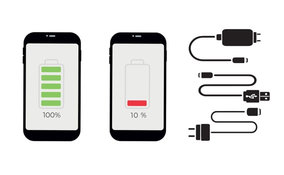 Set of smartphones with battery level indicators. Charged and discharged phones. Set of chargers. Collection of icons. vector