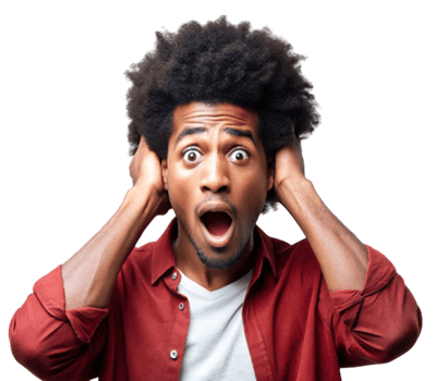 Surprised man with hands on head on transparent background png