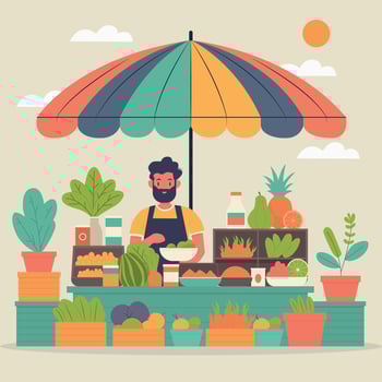 A man is selling produce under an umbrella vector