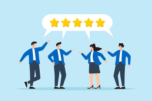 Flat illustration of various customers give reviews with bubble rating five stars illustrating customer loyalty and satisfaction with quality service vector