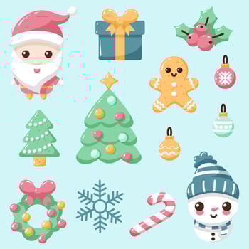 set of Christmas icons and elements. Cartoon Christmas clipart for decorating cards, Christmas street. Flat design vector