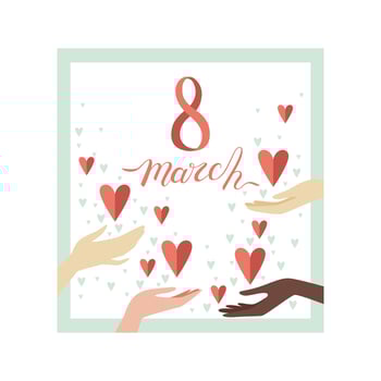 8 March Womens Day Floral Greeting Card with Female Hands of Different Nations and Hearts, Party Invitation, Festive Banner Illustration vector
