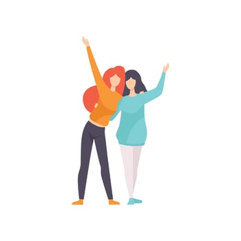 Two Beautiful Women Friends Hugging and Waving Their Hands, Female Friendship Illustration vector