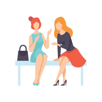 Two Beautiful Women Friends Sitting on Bench and Talking, Female Friendship Illustration vector