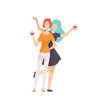 Two Beautiful Women Friends Drinking Wine, Girls Celebration Together, Female Friendship Illustration vector