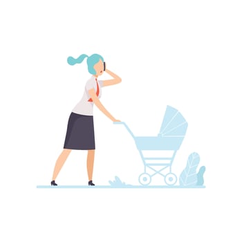 Young Mom in Business Clothes Walking with Stroller and Talking on Phone, Freelancer, Parent Working with Child, Mommy Businesswoman Illustration vector
