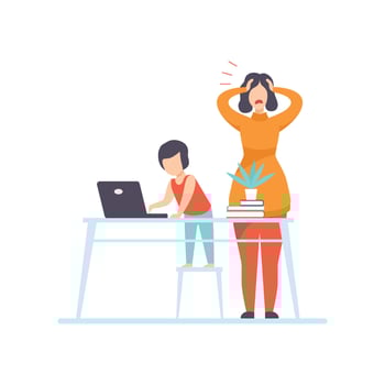 Nervous Young Mother Trying to Work at Home at Computer, Freelancer, Parent Working with Children, Kid Playing at Parent Office Illustration vector