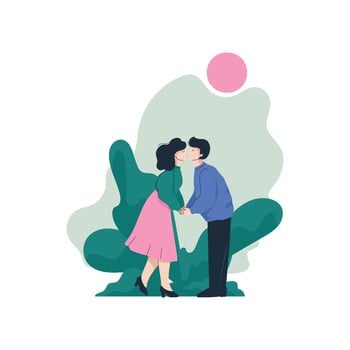 Romantic Couple Holding Hands and Kissing on Nature at Sunset, Happy Lovers on Date, Back View Illustration vector