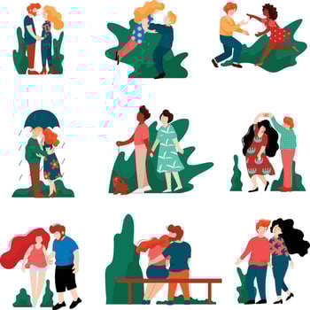 Collection of Happy Young Men and Women on Dates, Romantic Couples Walking, Embracing, Kissing and Holding hands, Happy Lovers on Date Illustration vector