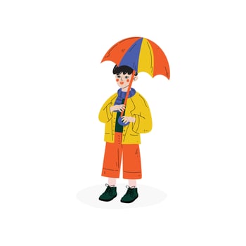 Boy Walking with Colorful Umbrella, Kids Spring or Summer Outdoor Activity Illustration vector