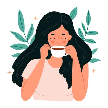 A brunette girl drinks coffee on a background of leaves.Trendy flat character girl with a cup of coffee or tea relaxing on the leaves background. vector
