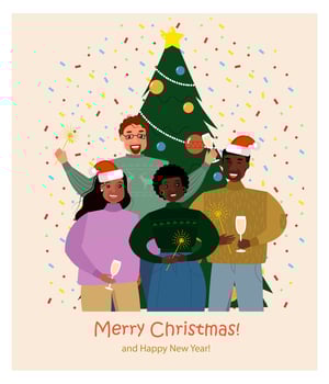 Happy peoples mans and womens near Christmas tree vector