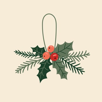 Christmas decoration with holly berries and evergreens, illustration in flat style vector