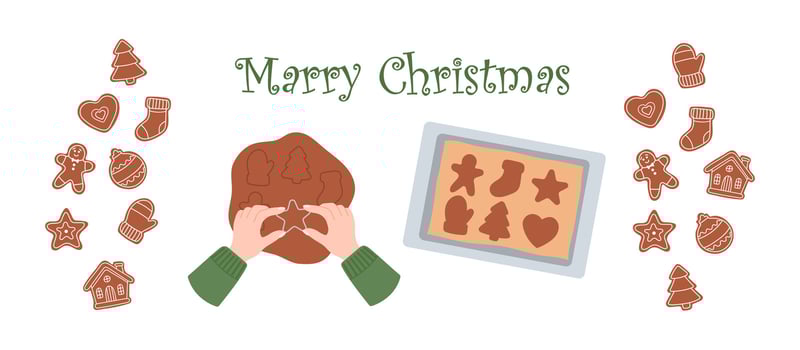 Holiday illustration of the process of making gingerbread cookies. Includes cookie cutters, dough, baking sheet and icing decorations in a simple holiday style. Perfect for Christmas projects. vector