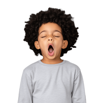 Young boy yawning, wearing a white shirt, on a transparent background. png